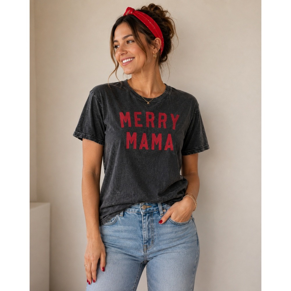 Oat Collective Merry Mama Graphic T-Shirt Mineral Wash Charcoal Gray Red Large